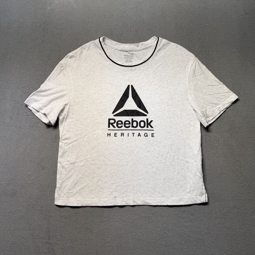 Reebok Heritage Women’s XS Crop T-Shirt Gray Black Logo Short Sleeve Casual